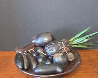 Carved Rosewood and Ebony Fruit Bowl with Assorted Fruit
