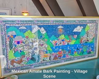 Mexican Amate Bark Painting Village Scene