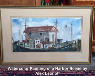 Watercolor Painting of a Harbor Scene by Alex Leonoff