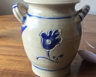 Small Salt Glazed Stoneware Crock with Blue Floral Motif Williamsburg Pottery