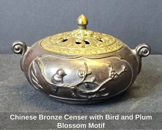 Chinese Bronze Censer with Bird and Plum Blossom Motif