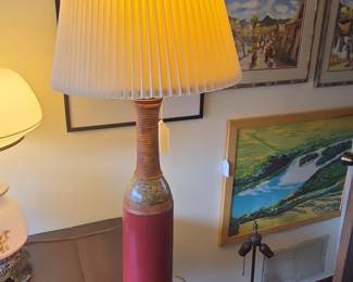 Vintage Red Porcelain and Woven Wood Table Lamp