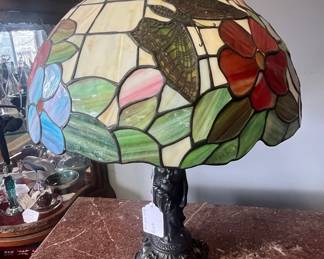 Tiffany Style Stained Glass Dragonfly and Floral Table Lamp with Figural Base