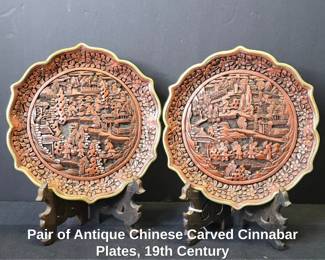 Pair of Antique Chinese Carved Cinnabar Plates, th Century