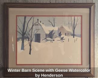 Winter Barn Scene with Geese Watercolor by Henderson