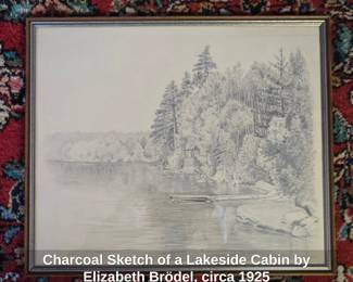 Charcoal Sketch of a Lakeside Cabin by Elizabeth Brdel, circa