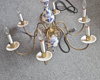 Delft Blue and White Porcelain and Brass Chandelier
