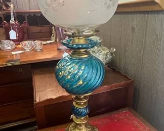 Victorian Blue Swirl Glass Oil Lamp with Etched Shade