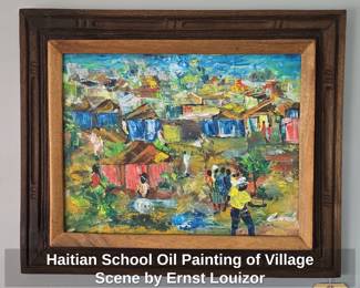Haitian School Oil Painting of Village Scene by Ernst Louizor