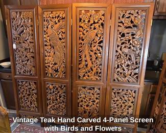 Vintage Teak Hand Carved Panel Screen with Birds and Flowers