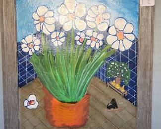 Folk Art Painting of White Flowers in a Pot with Dog