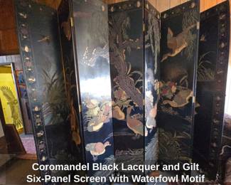 Coromandel Black Lacquer and Gilt SixPanel Screen with Waterfowl Motif