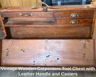 Vintage Wooden Carpenters Tool Chest with Leather Handle and Casters second image