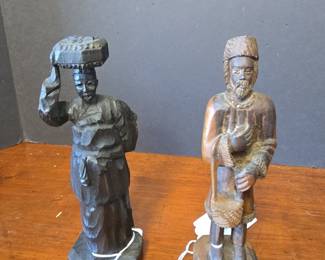 Carved Wooden Figurines Man and Woman  Folk Art Travelers