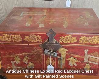 Antique Chinese Export Red Lacquer Chest with Gilt Painted Scenes