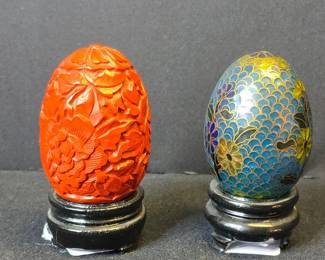 Carved Cinnabar Egg and Cloisonn Egg on Stands