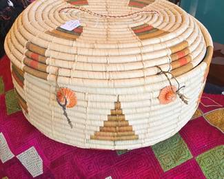Handwoven Lidded Basket with Geometric Design Possibly Ugandan
