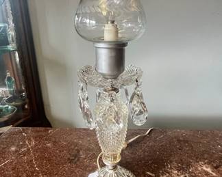 Crystal Hurricane Lamp with Prisms and Etched Shade