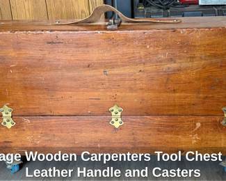 Vintage Wooden Carpenters Tool Chest with Leather Handle and Casters