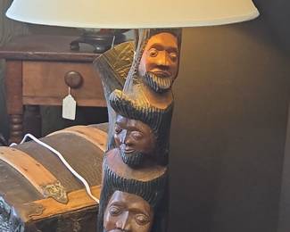 Vintage Hand Carved Wooden Folk Art Beard Face Head Figurine Lamp Base