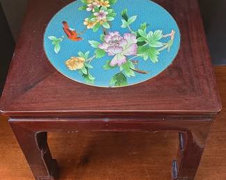 Vintage Rosewood and Cloisonn Side Table with Floral and Bird Motif