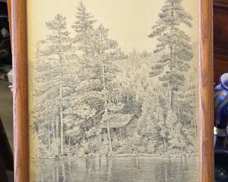 Charcoal Sketch of a Lakeside Cabin by Elizabeth H. Brodel c. 
