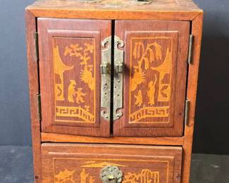 Vintage Chinese Rosewood Miniature War Srobe Jewelry Box with Inlay