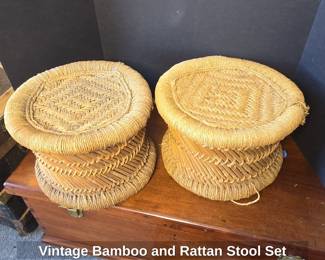 Vintage Bamboo and Rattan Stool Set