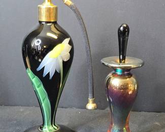 Orient Flume Black Glass Perfume Bottle with Floral Motif and Brian Maytum Signed Iridescent Perfume Bottle