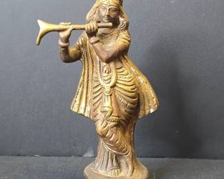 Vintage Brass Statue of Krishna Playing Flute