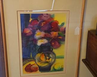 Watercolor Still Life of Flowers and Fruit