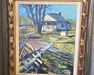 Martha Signed Log Cabin Oil Painting