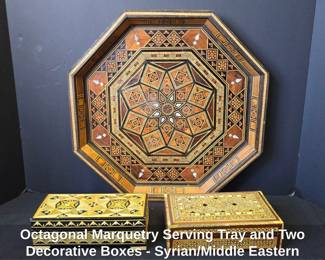 Octagonal Marquetry Serving Tray and Two Decorative Boxes Syrian or Middle Eastern