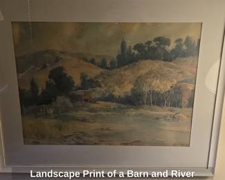 Landscape Print of a Barn and River