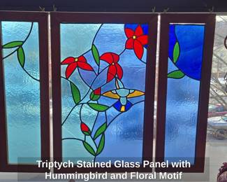 Triptych Stained Glass Panel with Hummingbird and Floral Motif