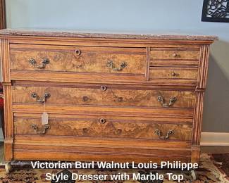 Victorian Burl Walnut Louis Philippe Style Dresser with Marble Top