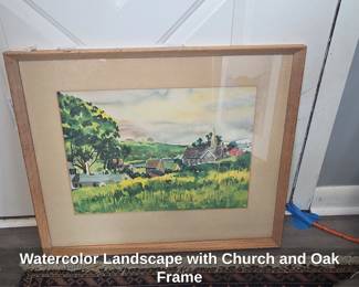 Watercolor Landscape with Church and Oak Frame