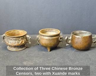 Collection of Three Chinese Bronze Censors, two with Xuande marks