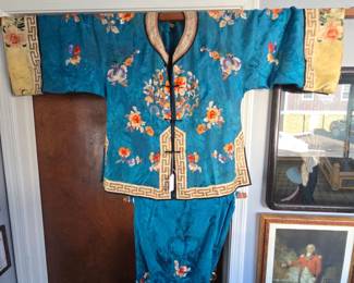 Antique Chinese Silk Pajama Set with Robe and Pants