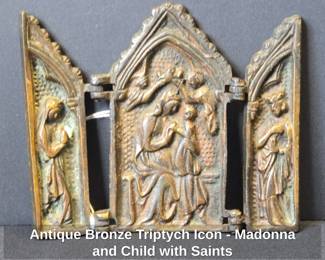 Antique Bronze Triptych Icon Madonna and Child with Saints