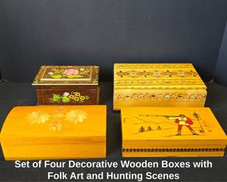 Set of Four Decorative Wooden Boxes with Folk Art and Hunting Scenes