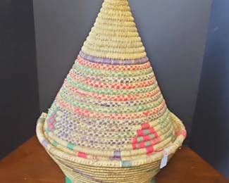 Moroccan Woven ConeShaped Basket with Colorful Bands and Lid
