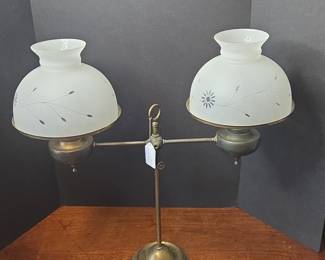 Victorian Brass Double Student Lamp with Frosted Floral Etched Glass Shades