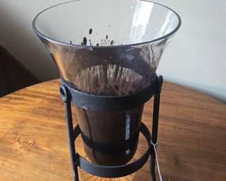 Hand Blown Glass Vase with Forged Iron Stand