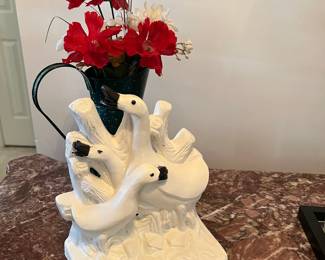 Vintage Ceramic Swan Planter with Faux Flowers