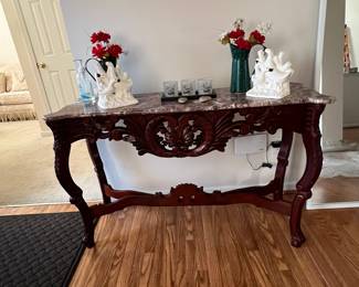 Ornate Carved Mahogany Console Table with Marble Top