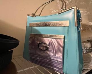 Vintage Light Blue Leather Top Handle Bag with Purple Marbled Accent
