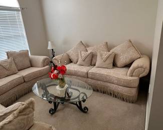 Ornate Damask Upholstered Sofa and Armchair Set