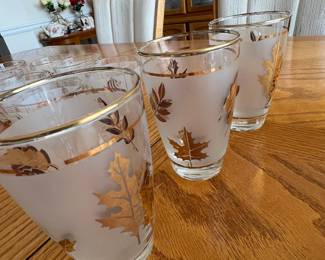 Vintage Libbey Frosted Glass Tumblers with Golden Foliage Motif