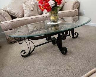 Round Glass Top Coffee Table with Hand-Forged Wrought Iron Base